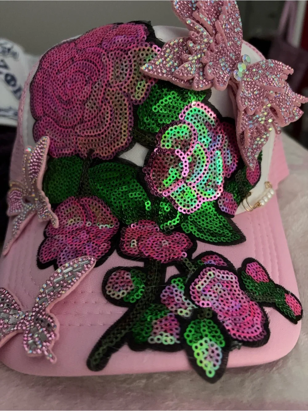 Pink Sequin Floral Cap with Rhinestone Butterflies